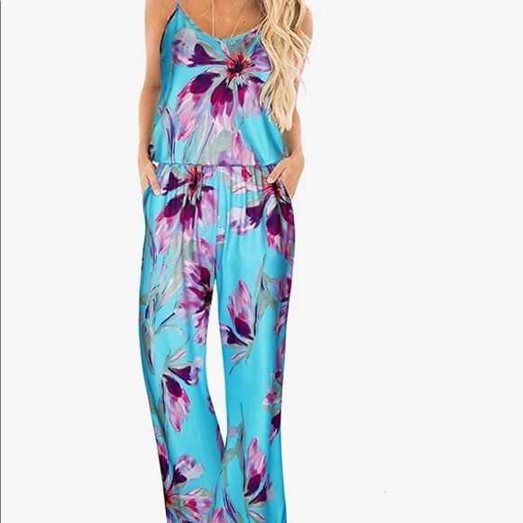 Women's Floral Sleeveless Racer Back Wide Leg Pant Jumpsuits Romper - Picture 2 of 3